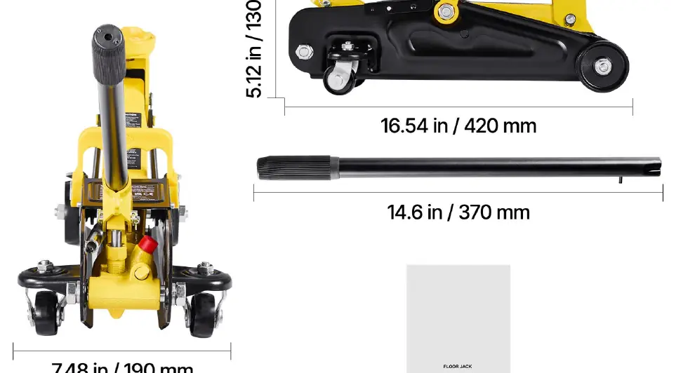 VEVOR 1.5-Ton Floor Jack dimensions and components