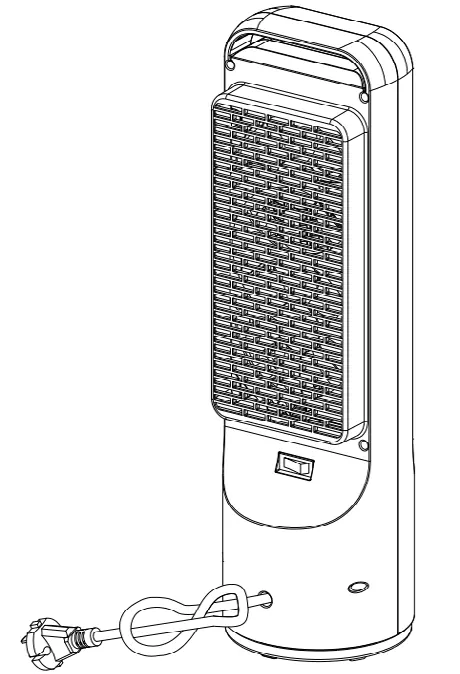 Parts diagram showing the carry handle, air outlet, control panel, air inlet, and oscillation switch.