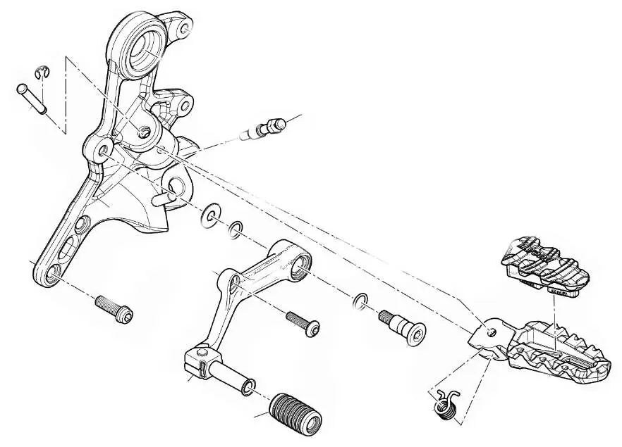 Exploded view of the pedal assembly and installation process.