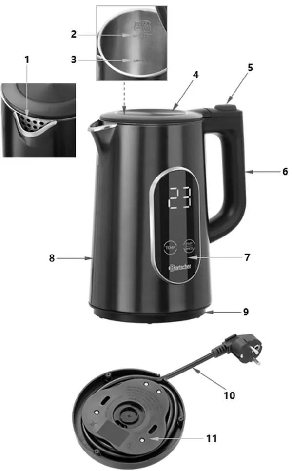 Parts diagram of the Bartscher 1.5LD water kettle