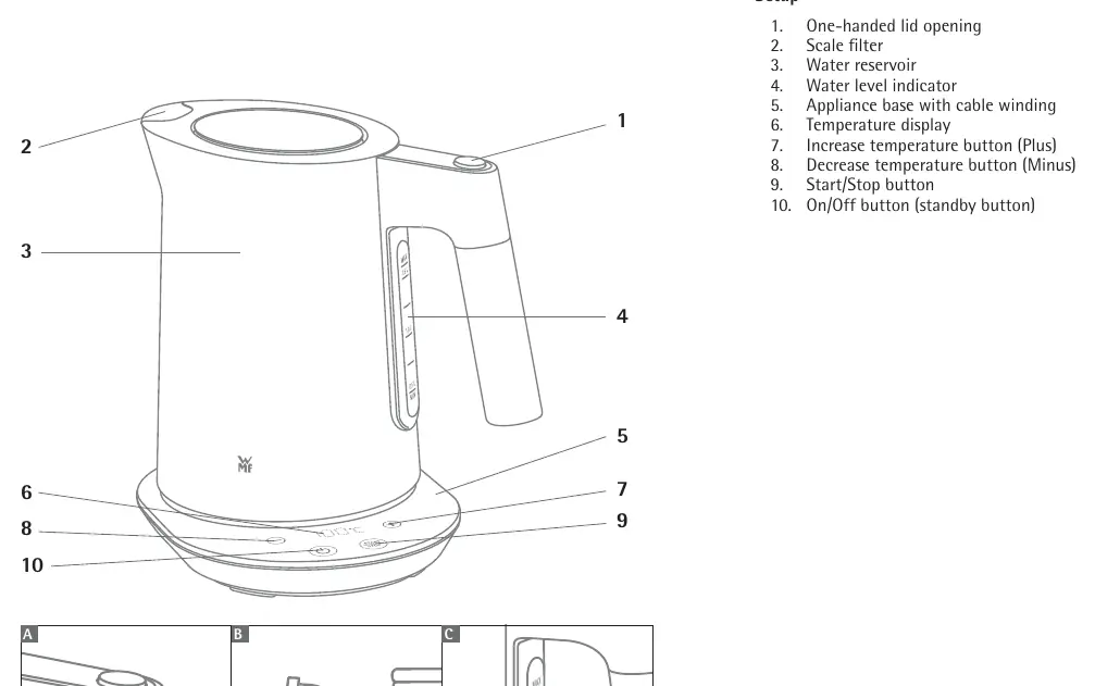 WMF Kineo Kettle parts and controls diagram.