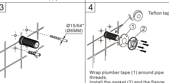 Installation steps 3 and 4: Drilling holes and installing the flange.
