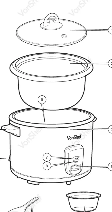 Exploded view of the rice cooker components