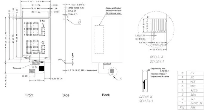 Mechanical drawing of the EPD module showing dimensions and connector details.