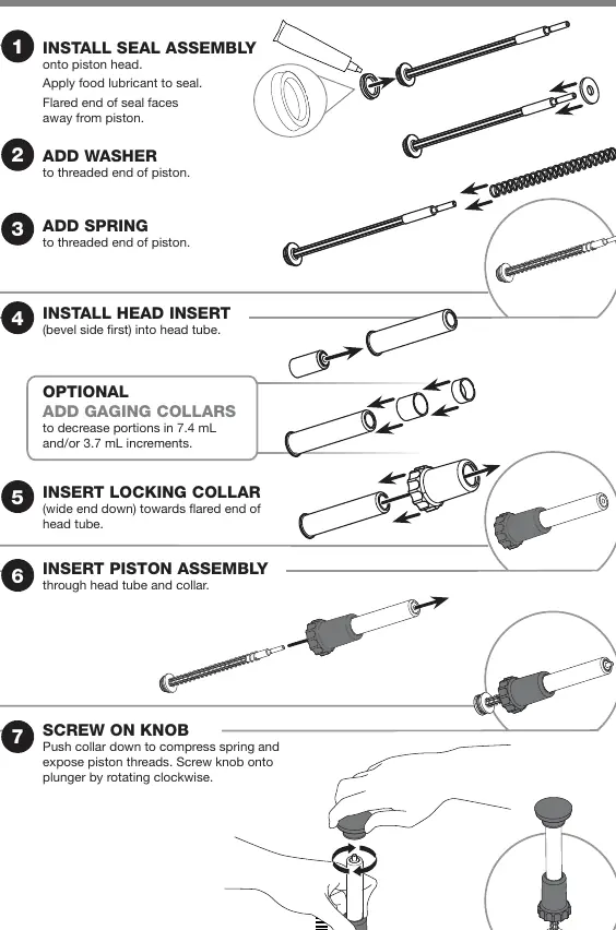 Pump assembly steps 1 through 7.