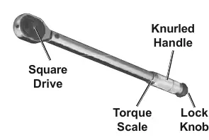 Wrench components: Square Drive, Torque Scale, Knurled Handle, and Lock Knob