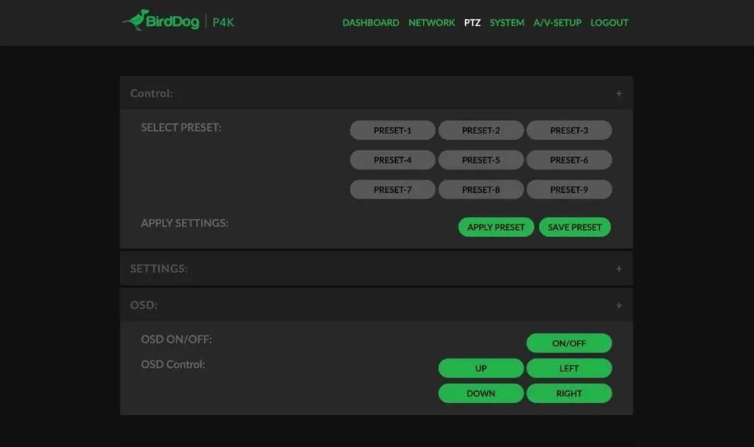 PTZ settings interface