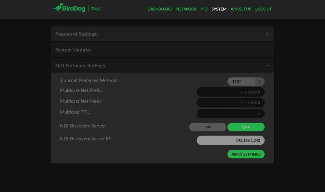System and NDI network settings