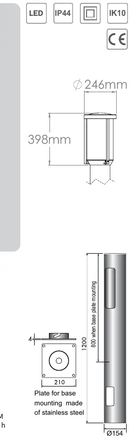 Dimensions and base plate mounting diagram for the Helena Bollard G2.
