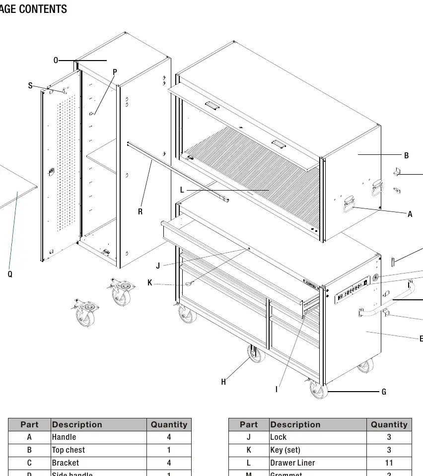 Exploded view of the tool chest and cabinet set components.