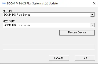 Updater application interface showing MIDI device selection