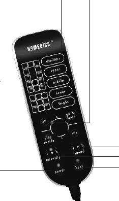 Control panel layout showing massage zones, speed, intensity, and heat buttons.