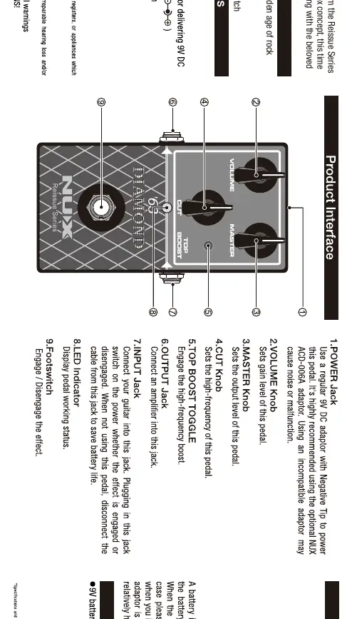 NUX '63 Diamond Overdrive pedal interface controls and connections.