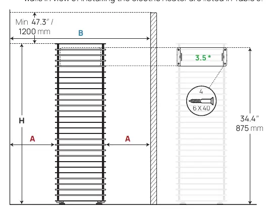 Heater installation dimensions and safety clearances.
