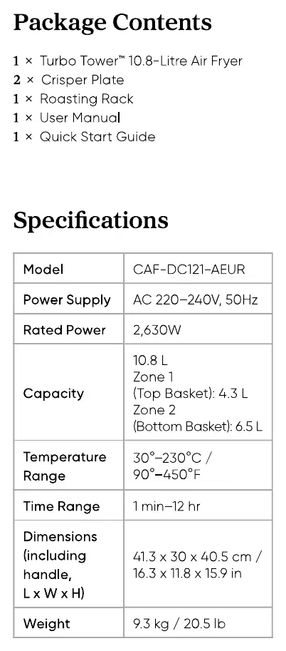 Specifications table