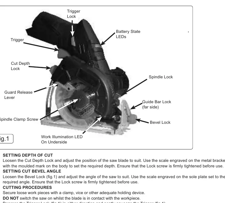 Diagram of the circular saw controls and adjustment points.