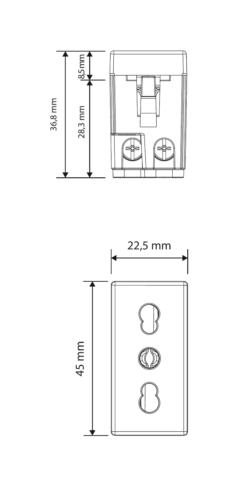 Technical dimensions of the socket