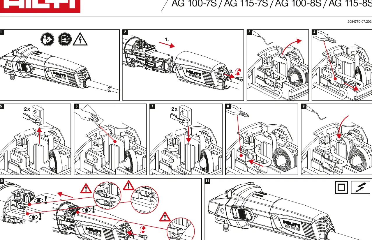 Step-by-step visual guide for replacing carbon brushes.