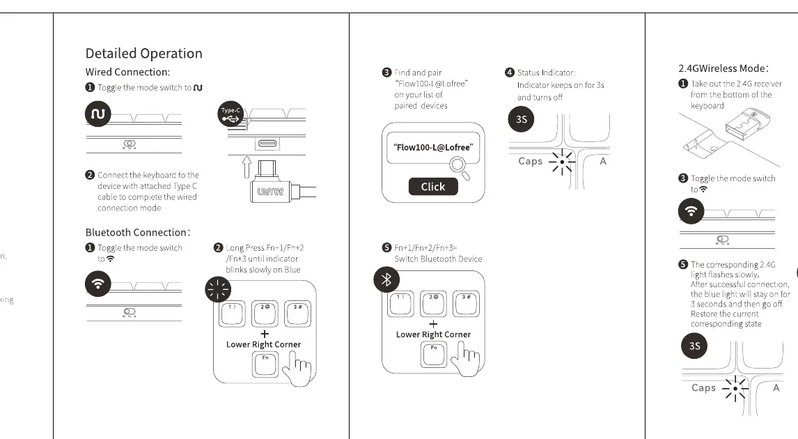 Instructions for Wired, Bluetooth, and 2.4G connection modes.