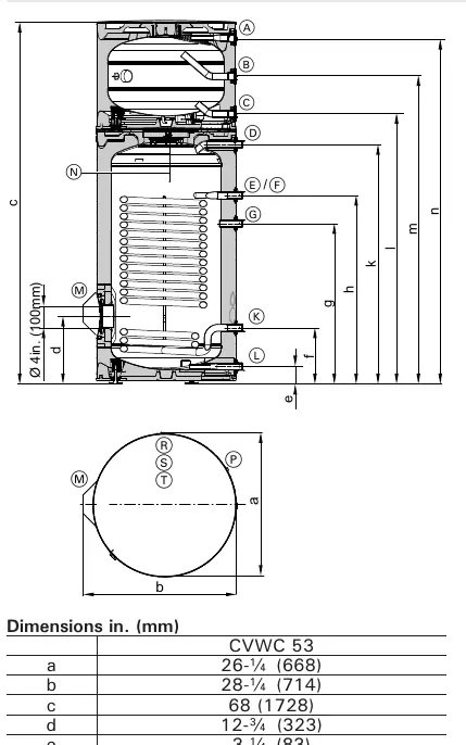 Tank dimensions diagram for Vitocell 100-V CVWC 53 USG.
