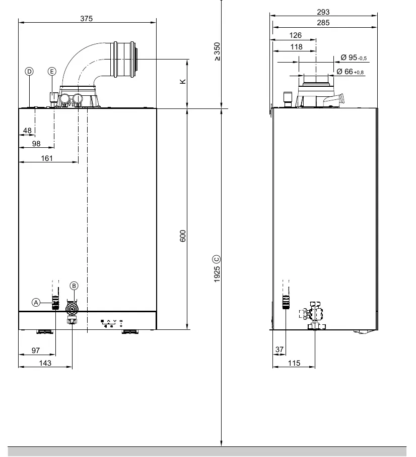 Dimensions and connections for 11 to 25 kW models