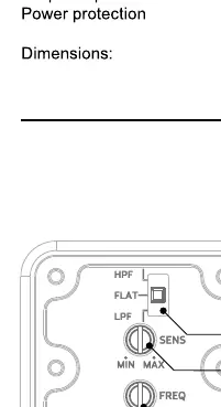 Control panel layout showing crossover, sensitivity, and frequency adjustments.