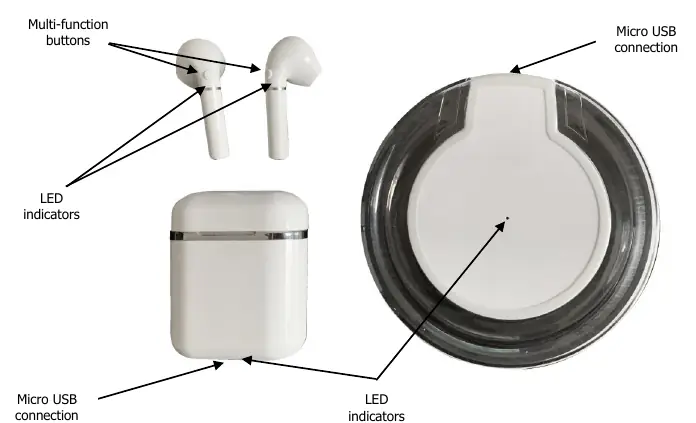 Overview of earphone controls and charging ports
