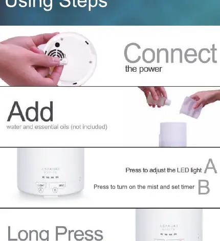 Basic operation steps: connecting power, adding water/oil, and button controls.