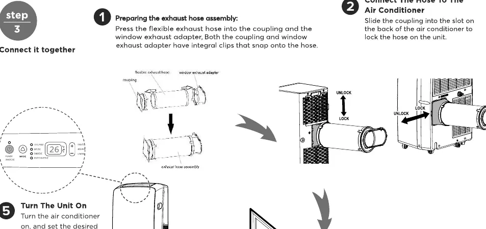 Exhaust hose assembly and connection to the unit