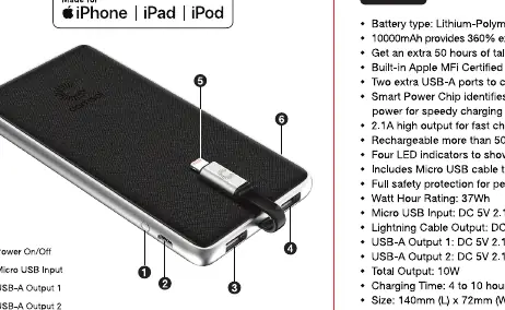 Comsol PB10AL Power Bank components and ports