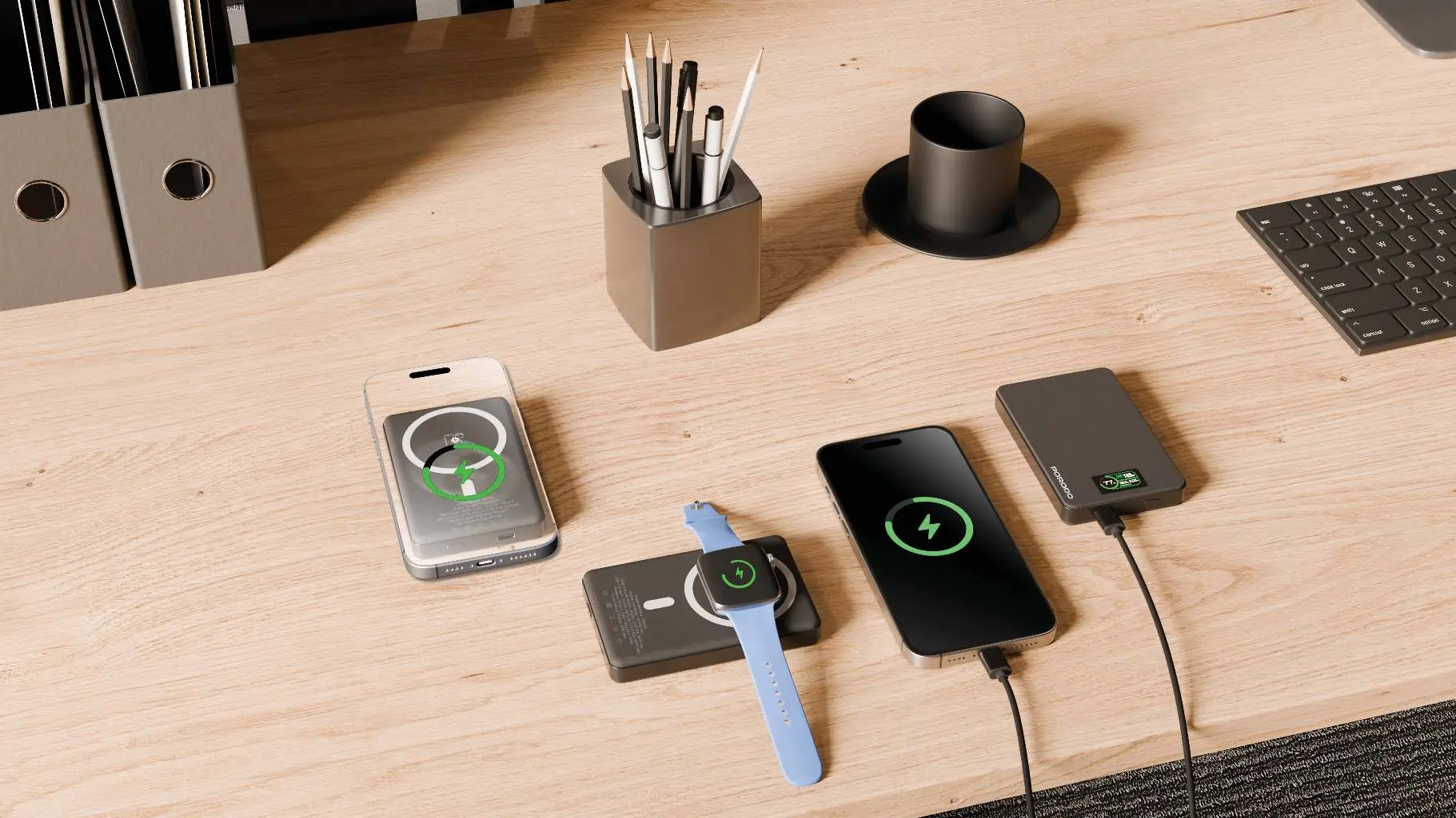 Usage scenario showing wireless and wired charging