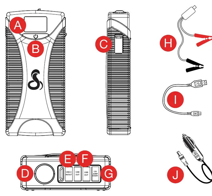 Jump Starter 1000A features and port layout