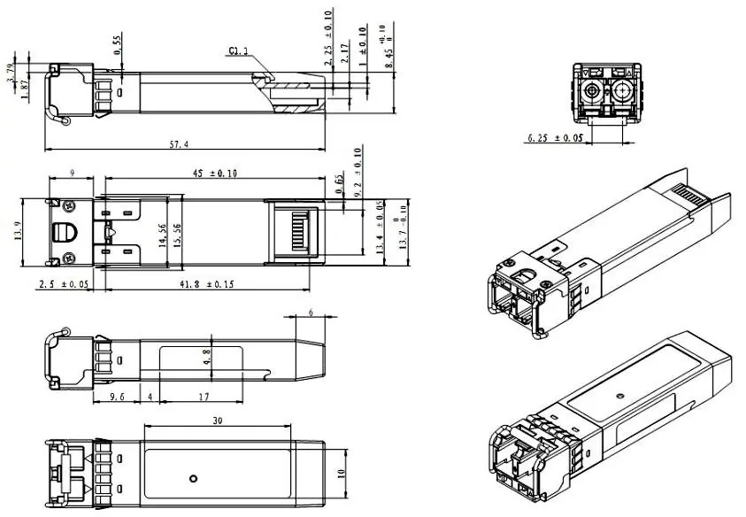 Mechanical dimensions of the SFP transceiver
