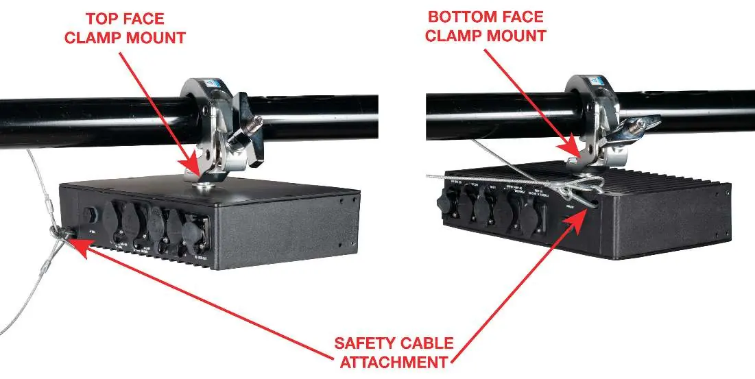 Clamp mounting and safety cable attachment