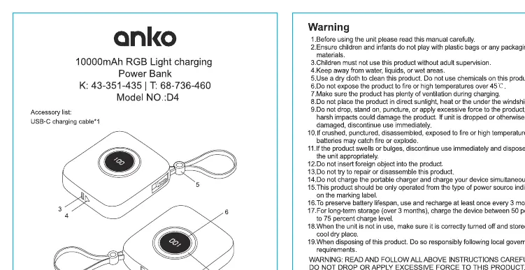 Anko 10000mAh Power Bank diagram showing ports and buttons