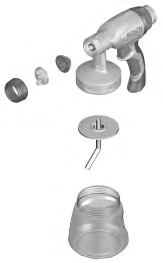 Exploded view of the spray gun components for cleaning.