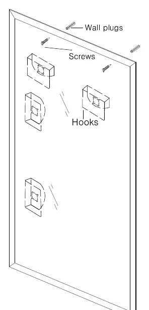 Installation diagram showing mirror hooks, wall plugs, and screws.