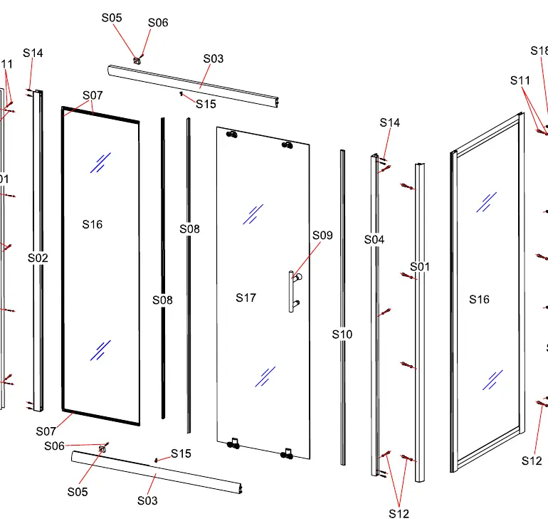 Exploded view of the shower enclosure components