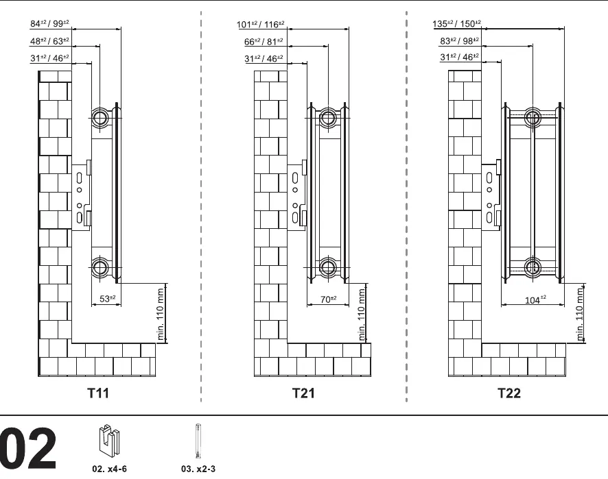 Wall mounting clearance dimensions for T11, T21, and T22 radiator types.
