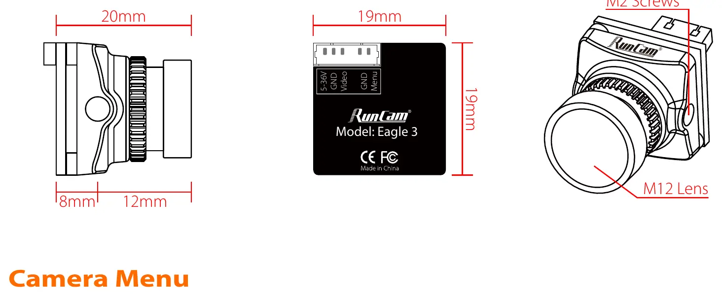 Physical dimensions and mounting details for the RunCam Eagle 3.