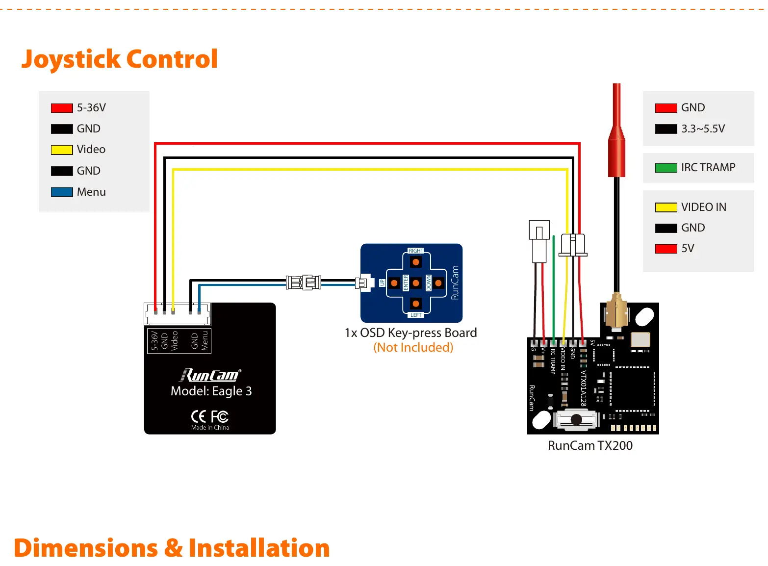 Wiring diagram for the RunCam Eagle 3, showing connections for the OSD key-press board and video transmitter.