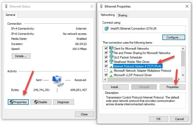 Ethernet Properties Settings
