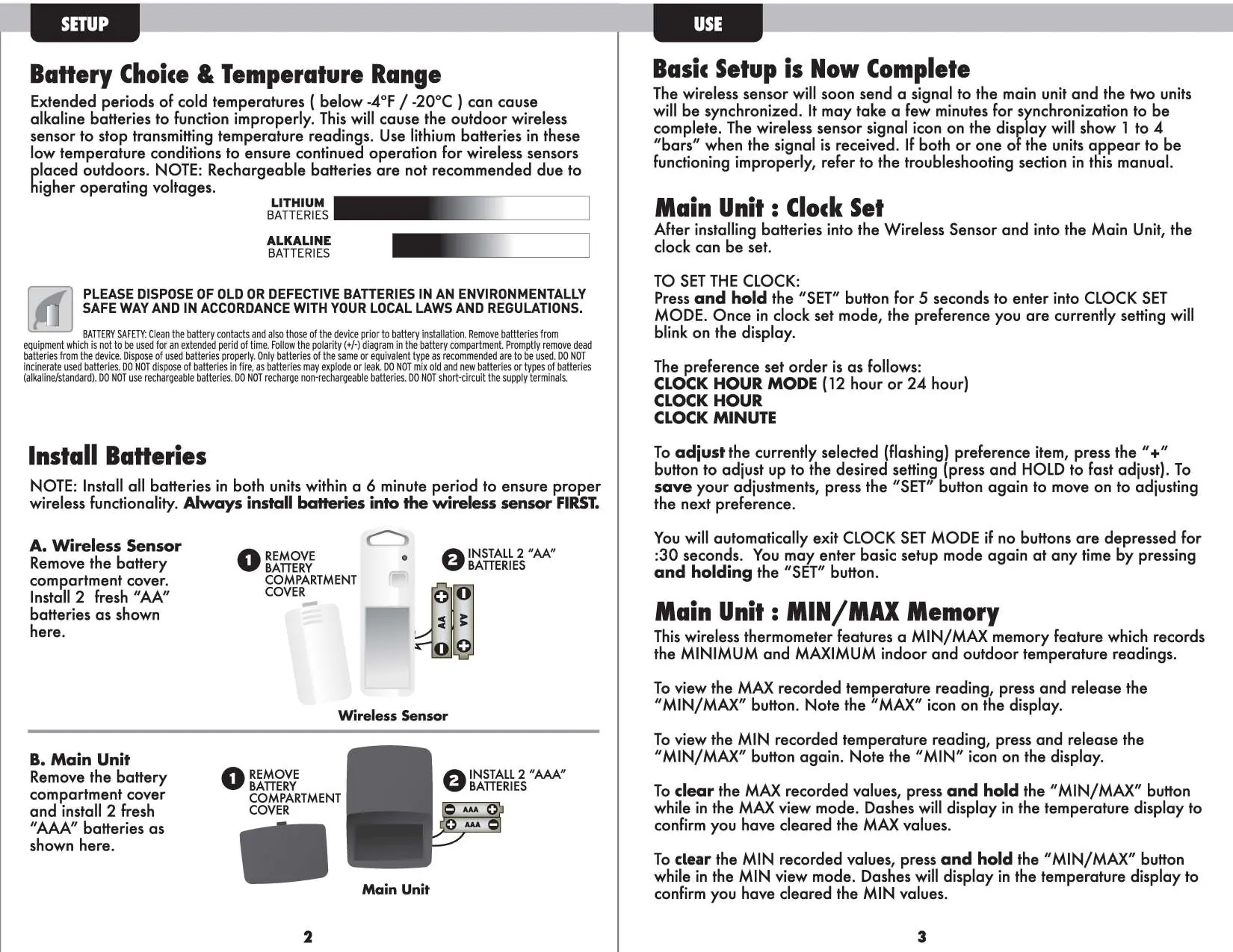 Battery installation steps for the wireless sensor and main unit.
