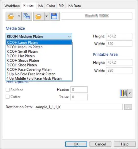 Media Size selection in Textile Productionserver