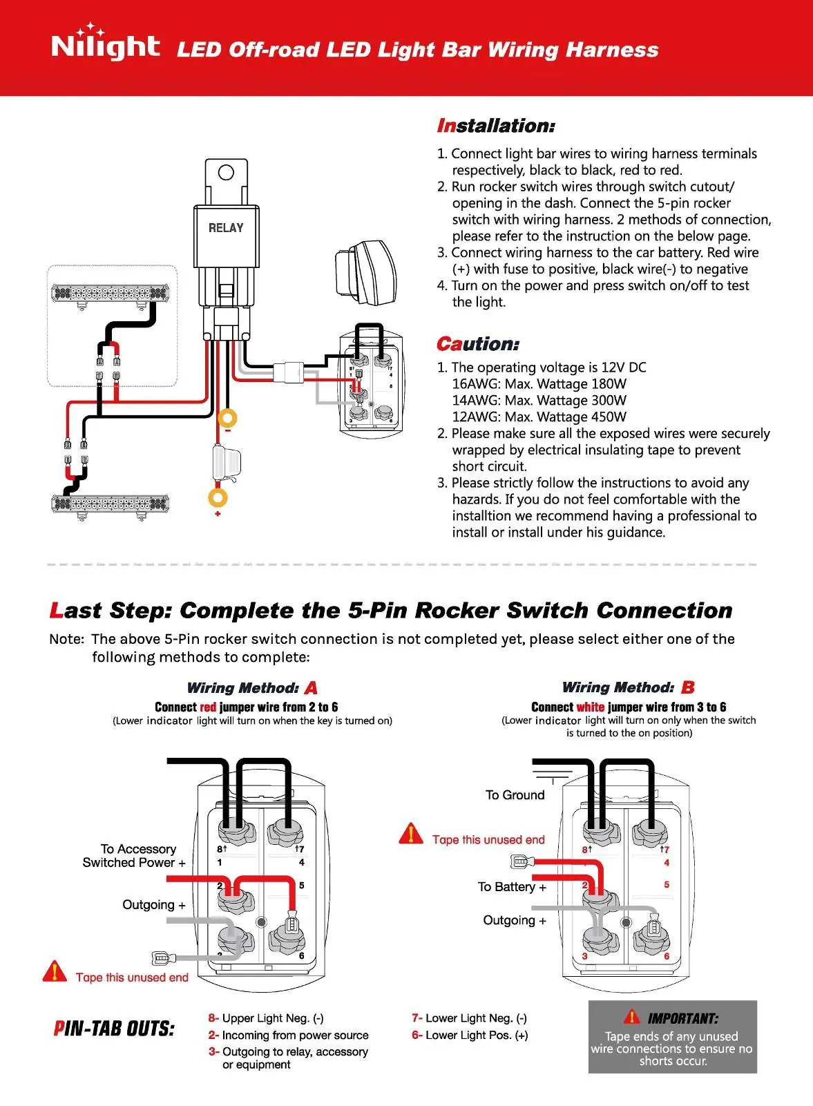 Wiring harness installation diagram and 5-pin rocker switch connection methods.