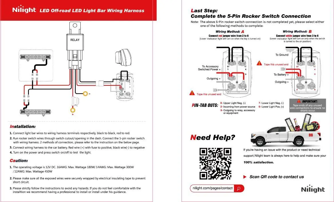 Wiring harness installation diagram and 5-pin rocker switch connection methods.