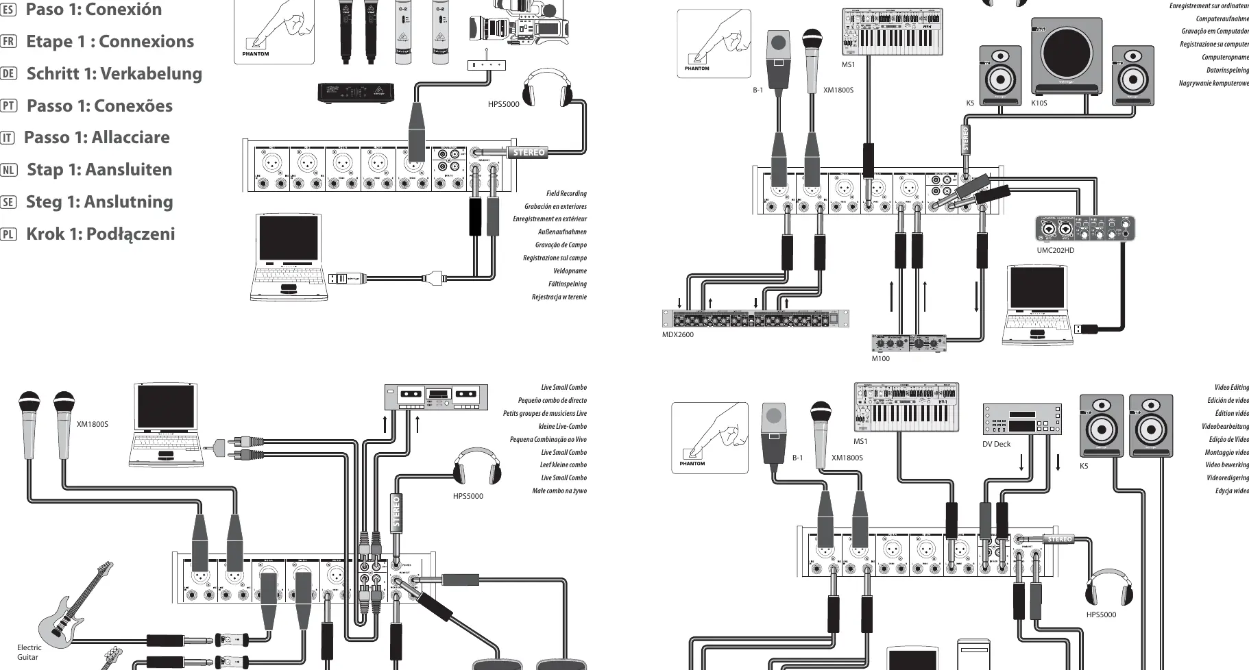 Hook-up diagram for various recording and live sound configurations.