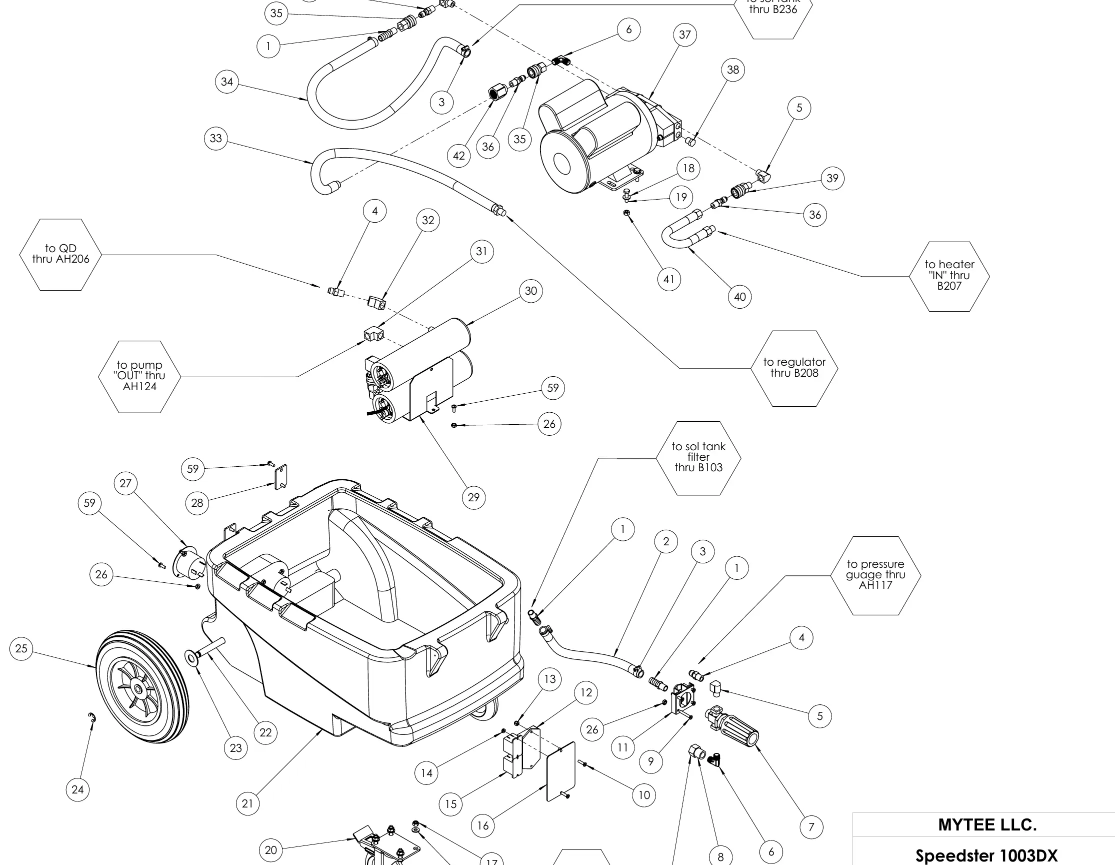 Exploded view of the main chassis and hose routing.