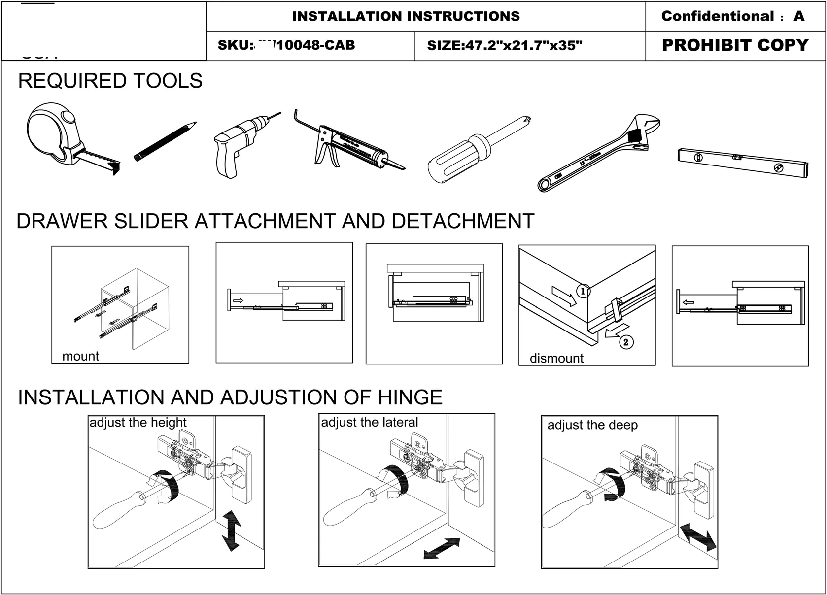 Required tools and hinge/drawer adjustments