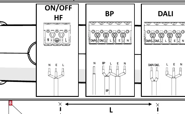 Wiring diagrams for ON/OFF, HF, BP, and DALI